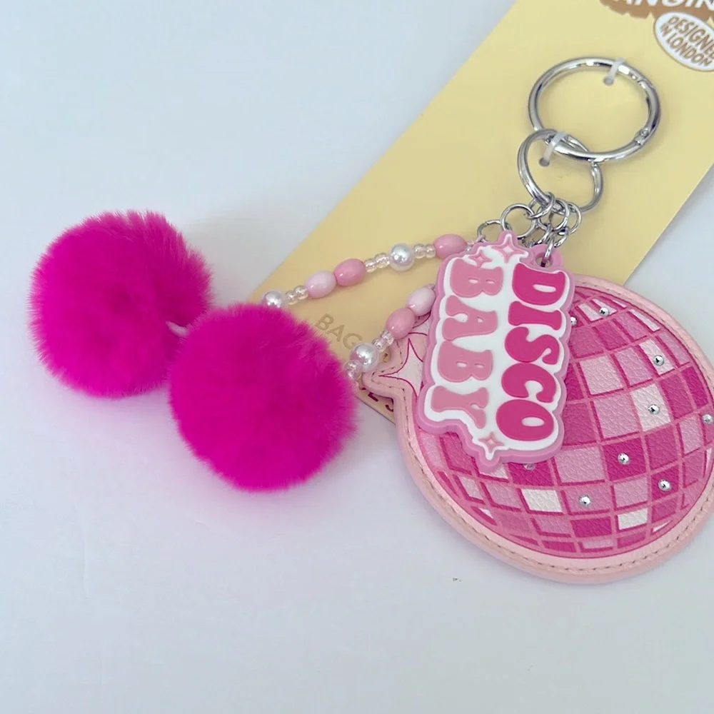 Pink Disco Baby pop art Handbag Charm/Keychain with furry Pom Poms